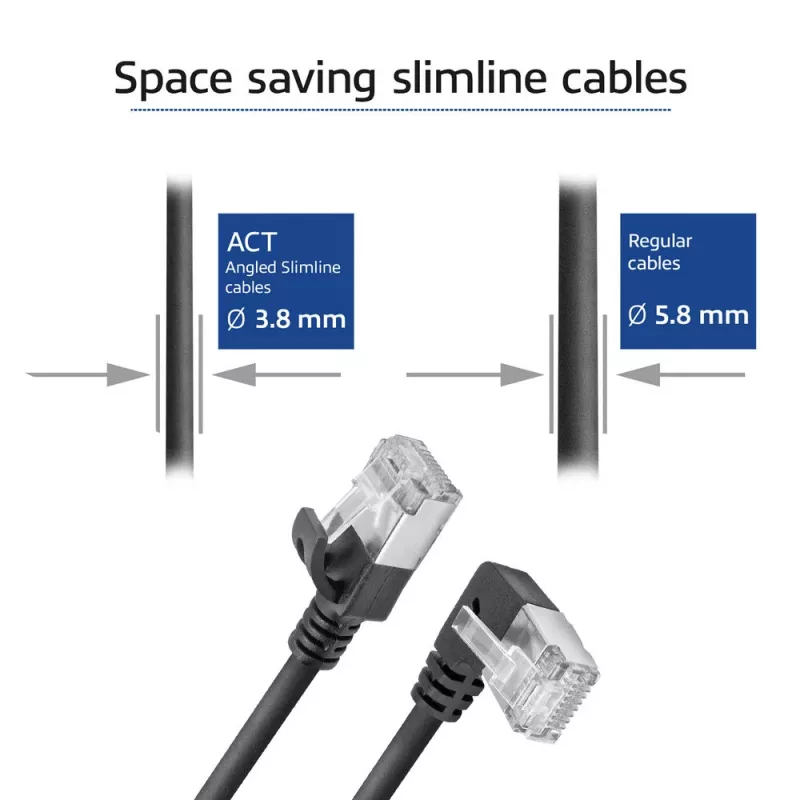 ACT Black 5 m U/FTP CAT6A LSZH Slimline patch cable with RJ45 connectors 90° angled left to straight
