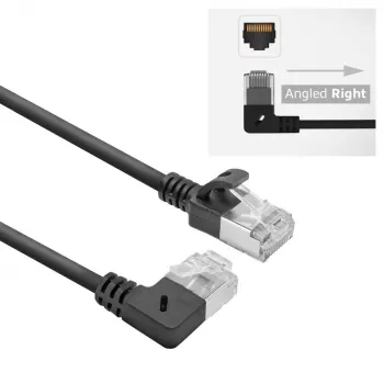 ACT Black 2 m U/FTP CAT6A LSZH Slimline patch cable with RJ45 connectors 90° angled right to straight