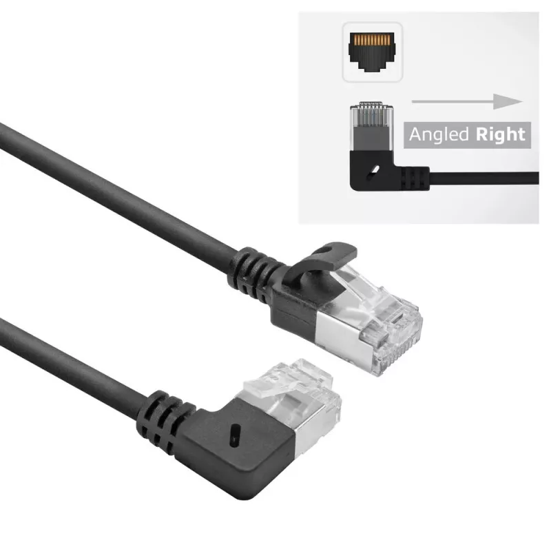 ACT Black 2 m U/FTP CAT6A LSZH Slimline patch cable with RJ45 connectors 90° angled right to straight