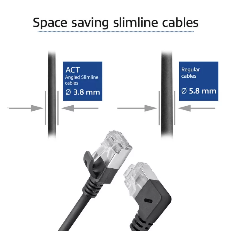 ACT Black 2 m U/FTP CAT6A LSZH Slimline patch cable with RJ45 connectors 90° angled right to straight