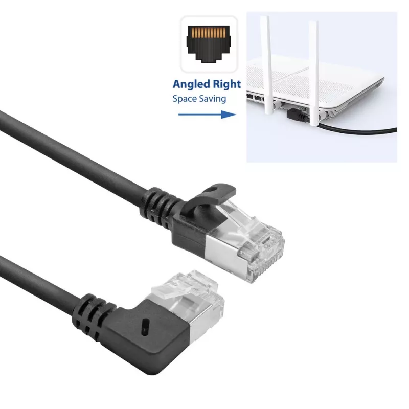 ACT Black 5 m U/FTP CAT6A LSZH Slimline patch cable with RJ45 connectors 90° angled right to straight
