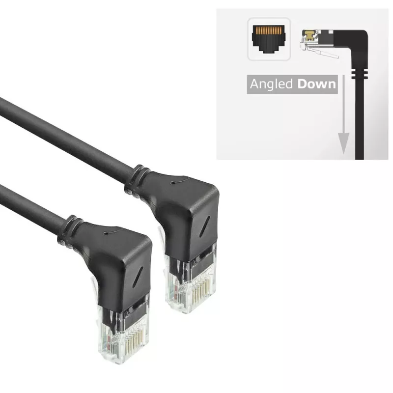 ACT Black 1 meter U/UTP CAT6A LSZH Slimline patch cable with RJ45 connectors 90° angled down to 90° angled down