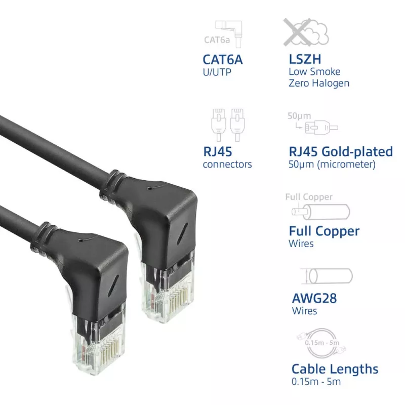 ACT Black 1 meter U/UTP CAT6A LSZH Slimline patch cable with RJ45 connectors 90° angled down to 90° angled down