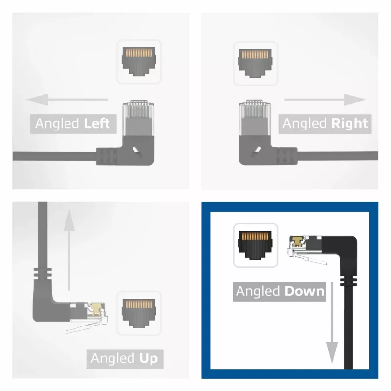 ACT Black 2 meters U/UTP CAT6A LSZH Slimline patch cable with RJ45 connectors 90° angled down to 90° angled down