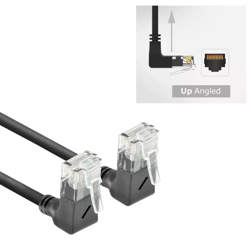 ACT Black 1 meter U/UTP CAT6A LSZH Slimline patch cable with RJ45 connectors 90° angled up to 90° angled up