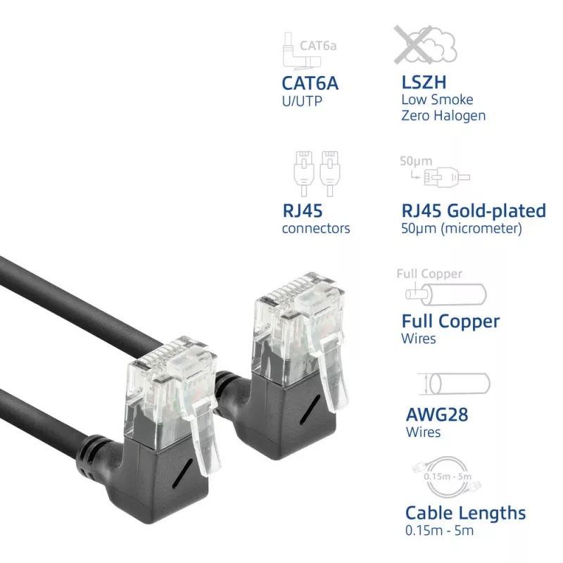 ACT Black 1 meter U/UTP CAT6A LSZH Slimline patch cable with RJ45 connectors 90° angled up to 90° angled up