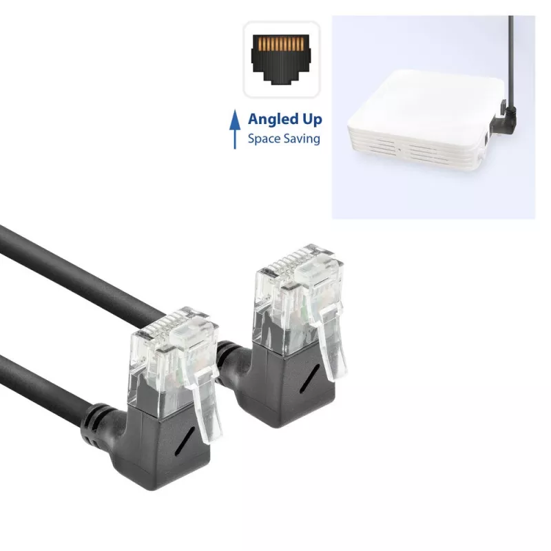 ACT Black 1 meter U/UTP CAT6A LSZH Slimline patch cable with RJ45 connectors 90° angled up to 90° angled up