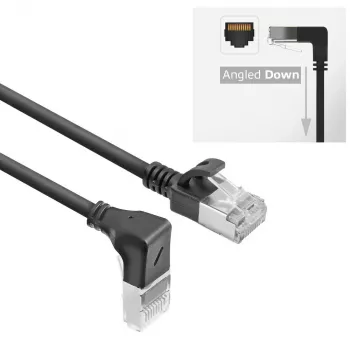 ACT Black 0.5 m U/FTP CAT6A LSZH Slimline patch cable with RJ45 connectors 90° angled down to straight
