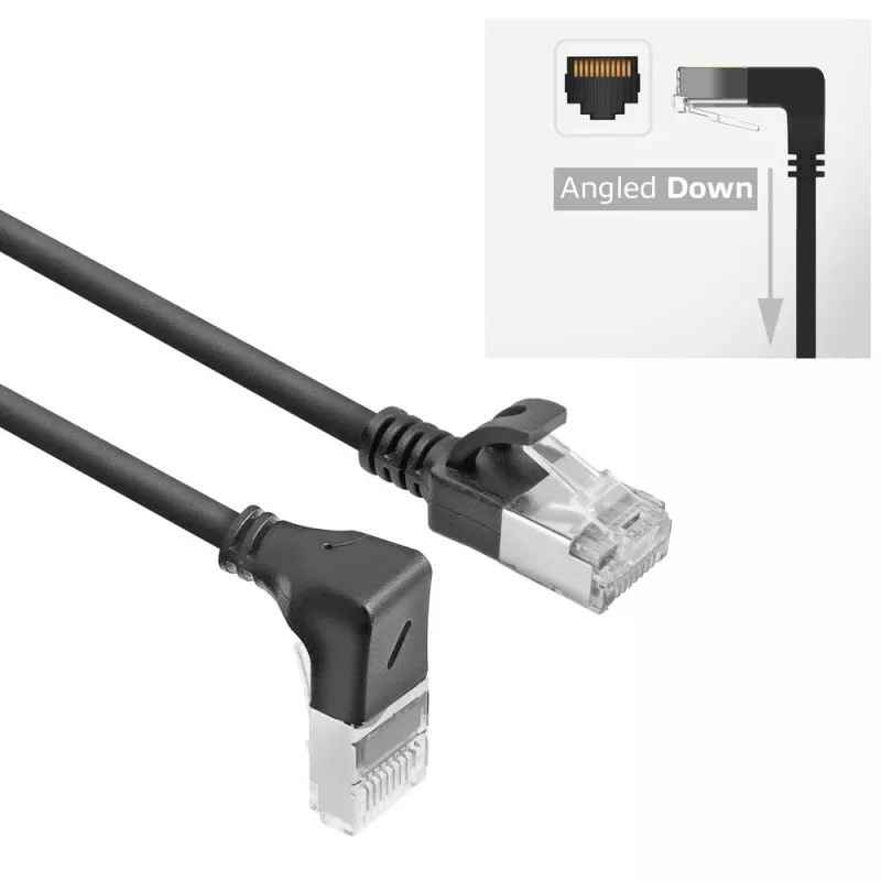 ACT Black 0.5 m U/FTP CAT6A LSZH Slimline patch cable with RJ45 connectors 90° angled down to straight