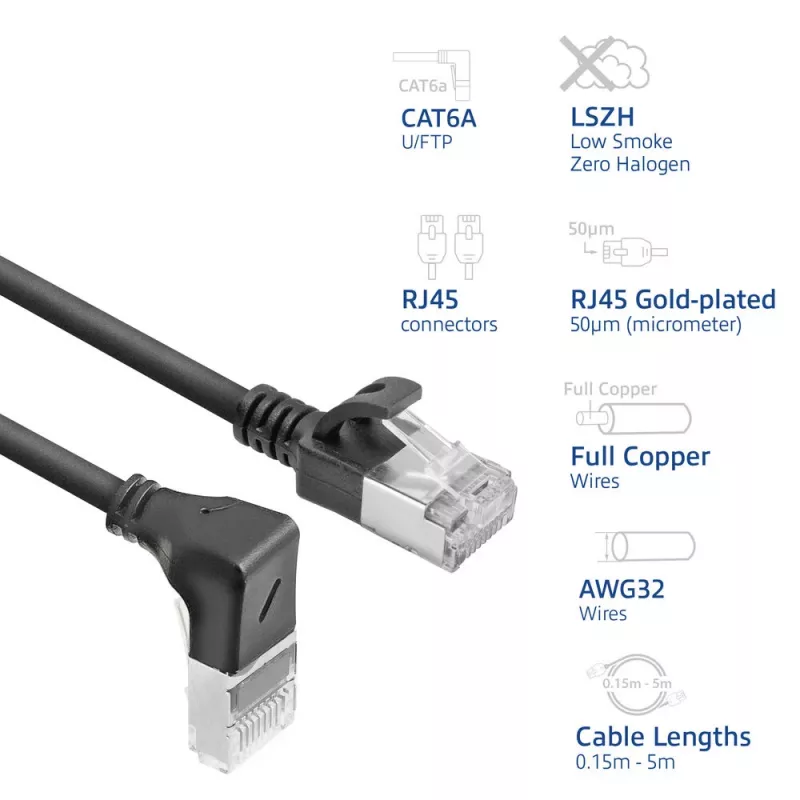 ACT Black 2 m U/FTP CAT6A LSZH Slimline patch cable with RJ45 connectors 90° angled down to straight