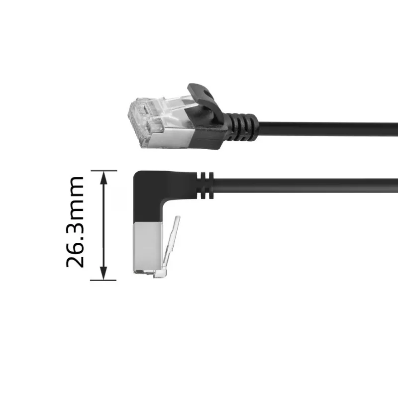 ACT Black 2 m U/FTP CAT6A LSZH Slimline patch cable with RJ45 connectors 90° angled down to straight