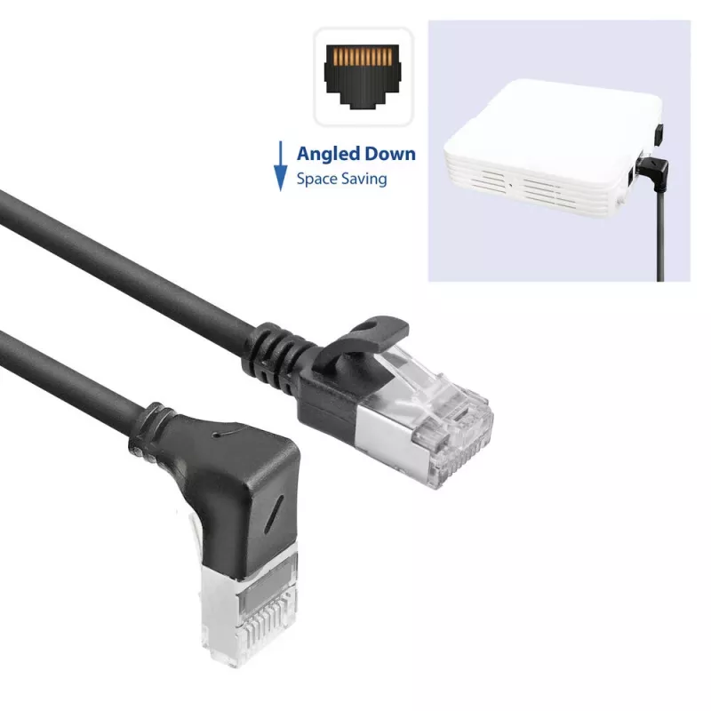 ACT Black 5 m U/FTP CAT6A LSZH Slimline patch cable with RJ45 connectors 90° angled down to straight