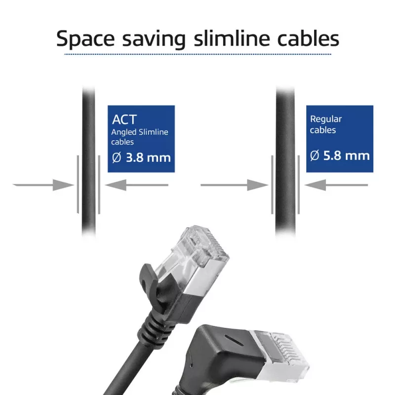 ACT Black 5 m U/FTP CAT6A LSZH Slimline patch cable with RJ45 connectors 90° angled down to straight