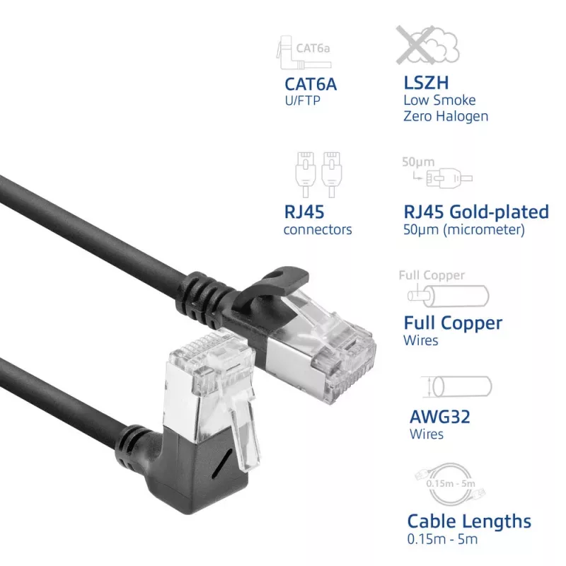 ACT Black 0.15 m U/FTP CAT6A LSZH Slimline patch cable with RJ45 connectors 90° angled down to 90° angled down