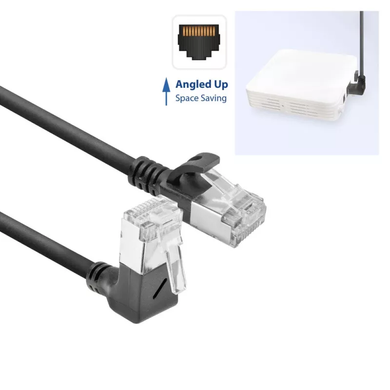 ACT Black 0.15 m U/FTP CAT6A LSZH Slimline patch cable with RJ45 connectors 90° angled down to 90° angled down