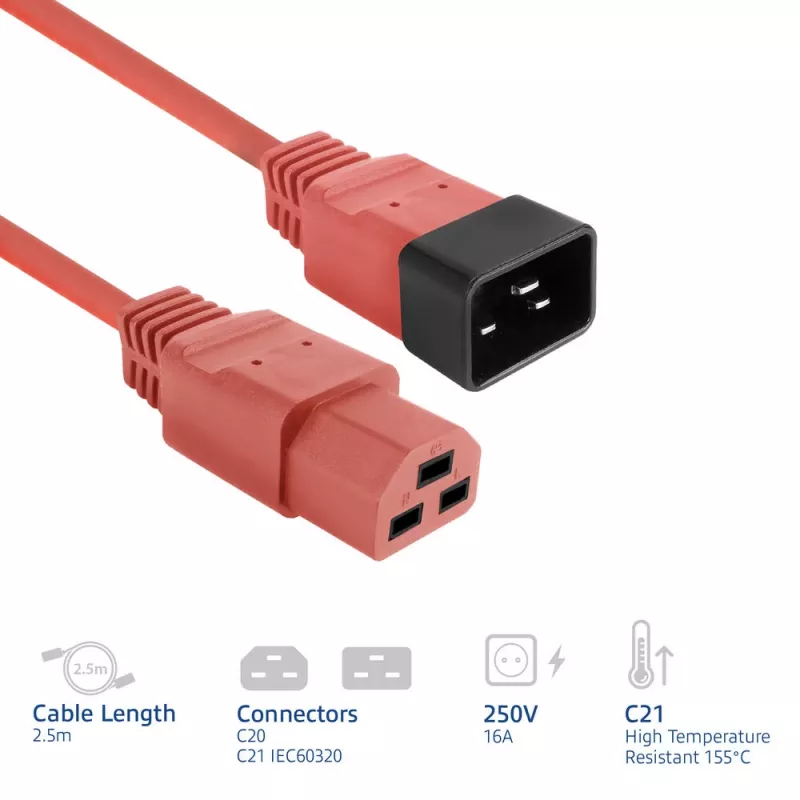 Powercord ACT C20–C21 IEC60320 red 2.5 m, 16 A 250 V