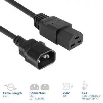 Power cord ACT C14 to C21 IEC60320 black 2.5 m, 250 V, 10 A