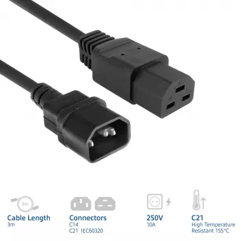 Power cord ACT C14 to C21 IEC60320 black 3 m, 250 V 10 A