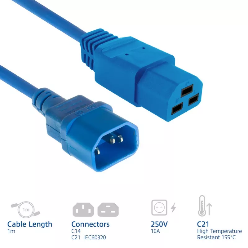 Powercord ACT C14 to C21 IEC60320 blue 1 m, 250 V 10 A