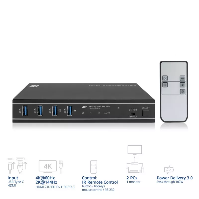 KVM switch ACT 2-Port USB-C/HDMI 4K@60Hz AC7922 with USB keyboard/mouse, HDMI video, 100W PD