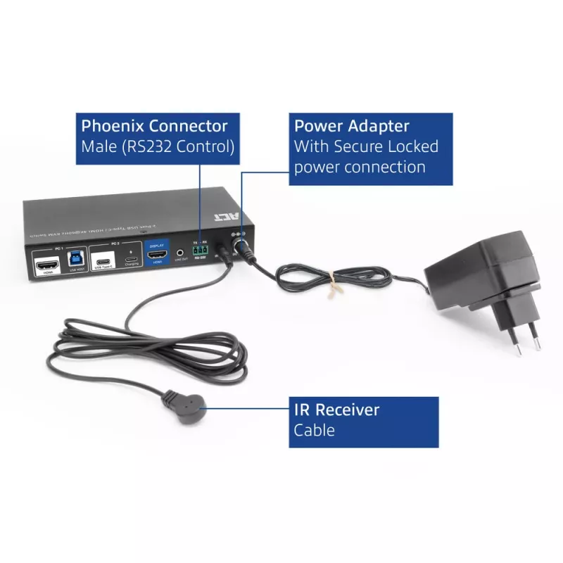 KVM switch ACT 2-Port USB-C/HDMI 4K@60Hz AC7922 with USB keyboard/mouse, HDMI video, 100W PD