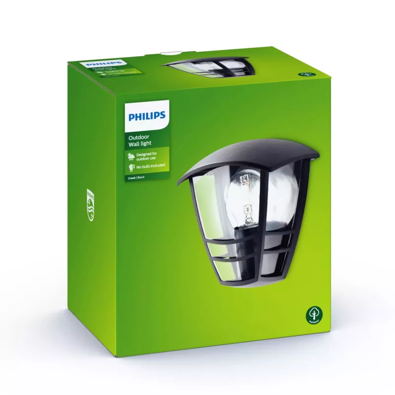 Philips myGarden Creek Wall Light 60W E27 No-bulb, Outdoor wall lighting, Black, Metal, IP44, Garden, Patio, II