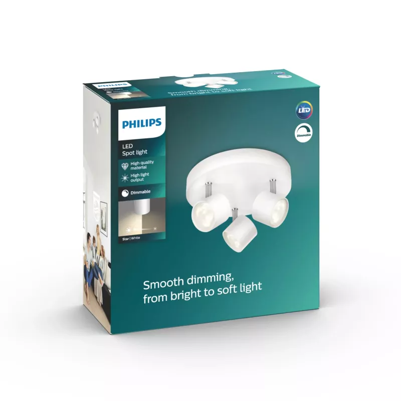 Ceiling/Wall Spotlight Philips Dimmable LED Star 3x 16.5W, 2700K, 1500 lm, IP20, White