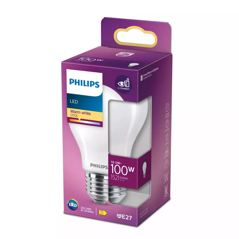 LED filament bulb Philips A60 E27 10.5W (equiv. 100W), 1521 lm, 2700K, frosted, 15,000 h