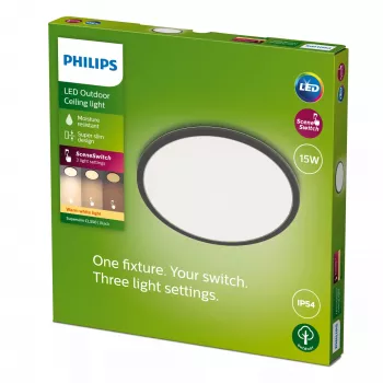 Philips Superslim Ceiling Light 15W, Black, Metal, Plastic, IP54, Patio, Garden, II, Contemporary