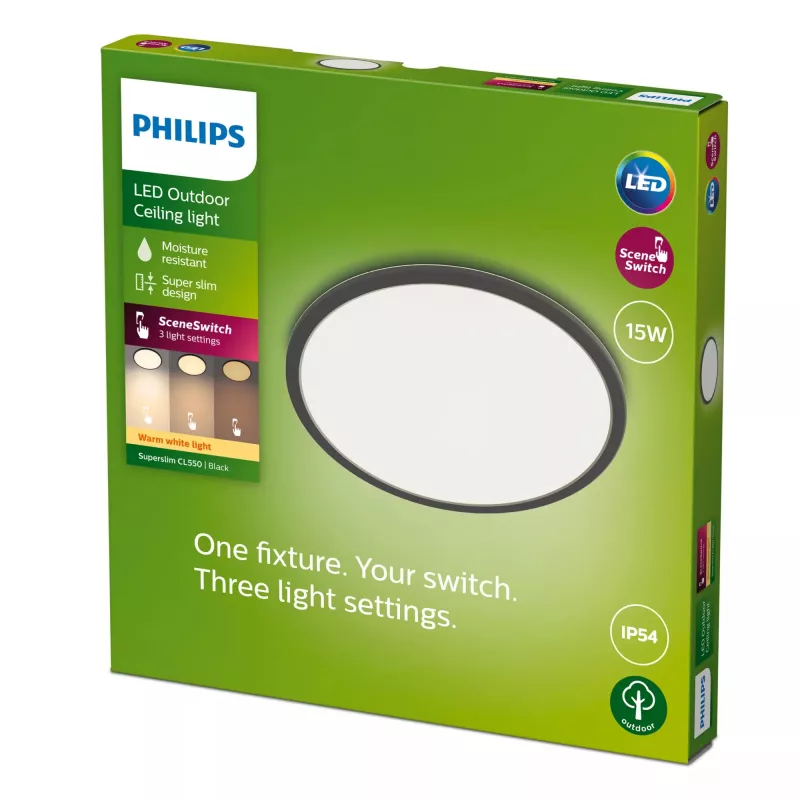 Philips Superslim Ceiling Light 15W, Black, Metal, Plastic, IP54, Patio, Garden, II, Contemporary