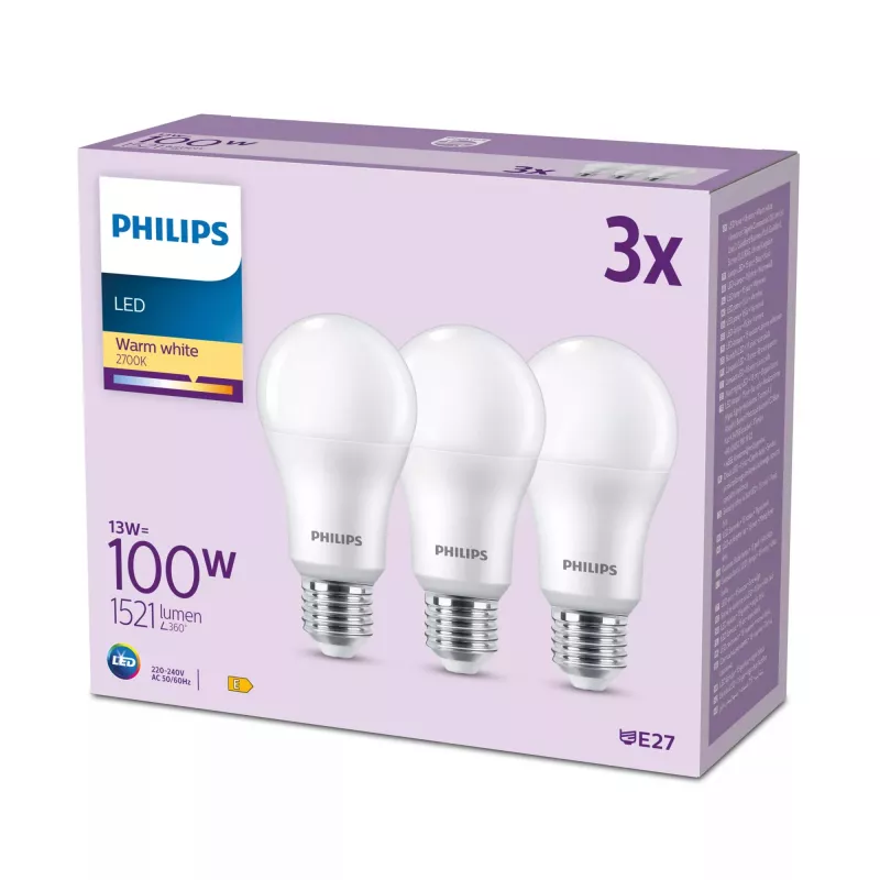 Philips Bulb 100W A65 E27 x3, 13 W, 100 W, E27, 1521 lm, 15000 h, Warm white