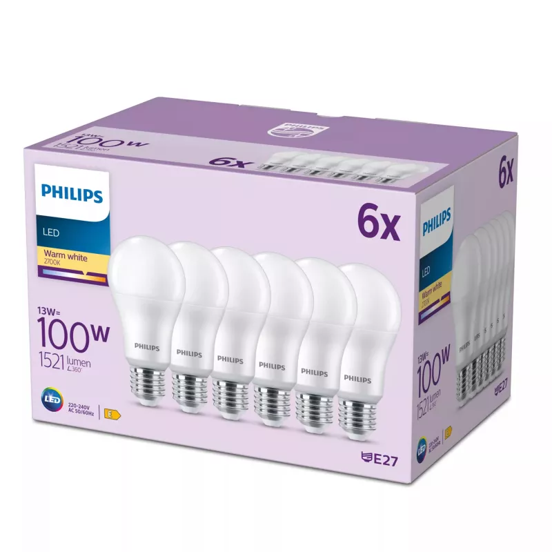 Philips Bulb 100W A65 E27 x6, 13 W, 100 W, E27, 1521 lm, 15000 h, Warm white