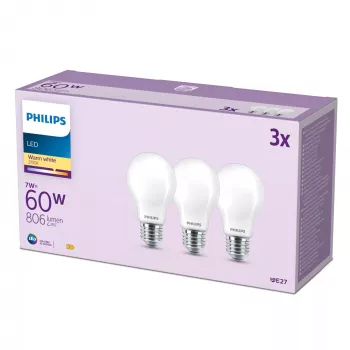 Philips Filament Bulb Frosted 60W A60 E27 x3, 7 W, 60 W, E27, 806 lm, 15000 h, Warm white