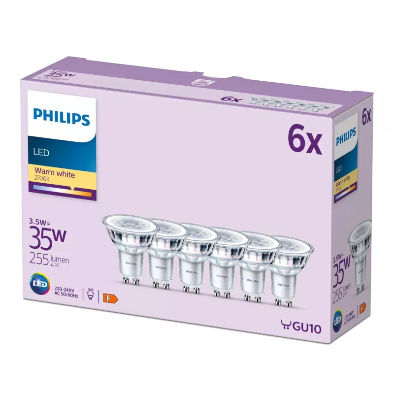 Philips Spot 35W PAR16 GU10 x6, 3.5 W, 35 W, GU10, 255 lm, 15000 h, Warm white