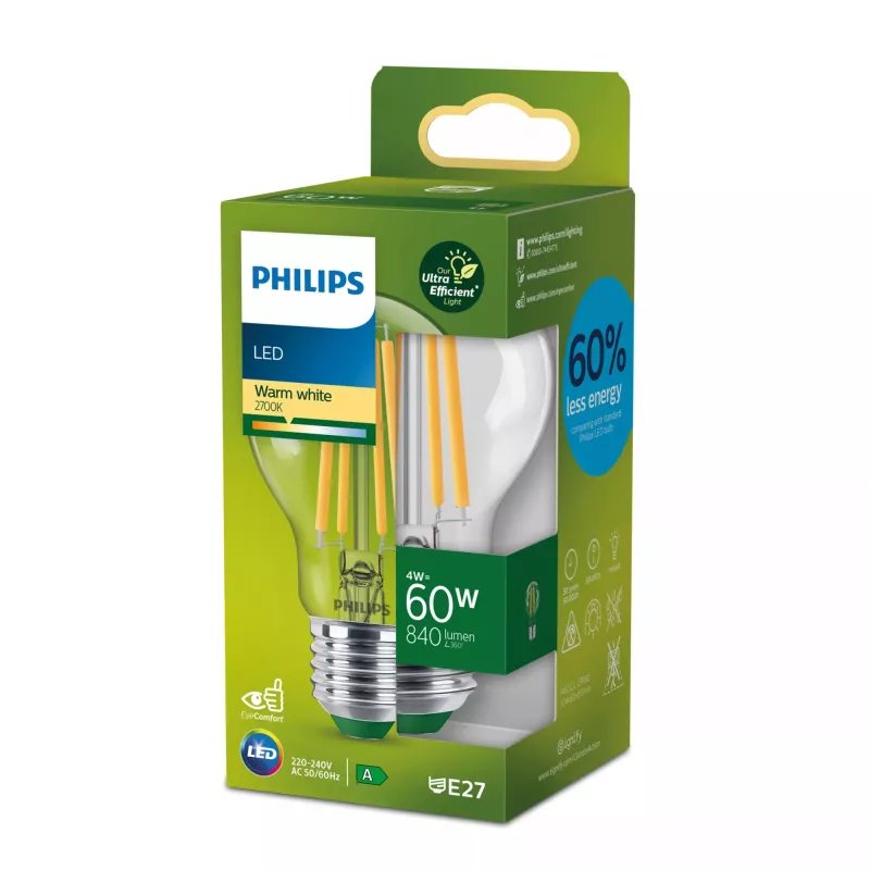 Philips Filament Bulb Clear 60W A60 E27, 4 W, 60 W, E27, 840 lm, 50000 h, Warm white