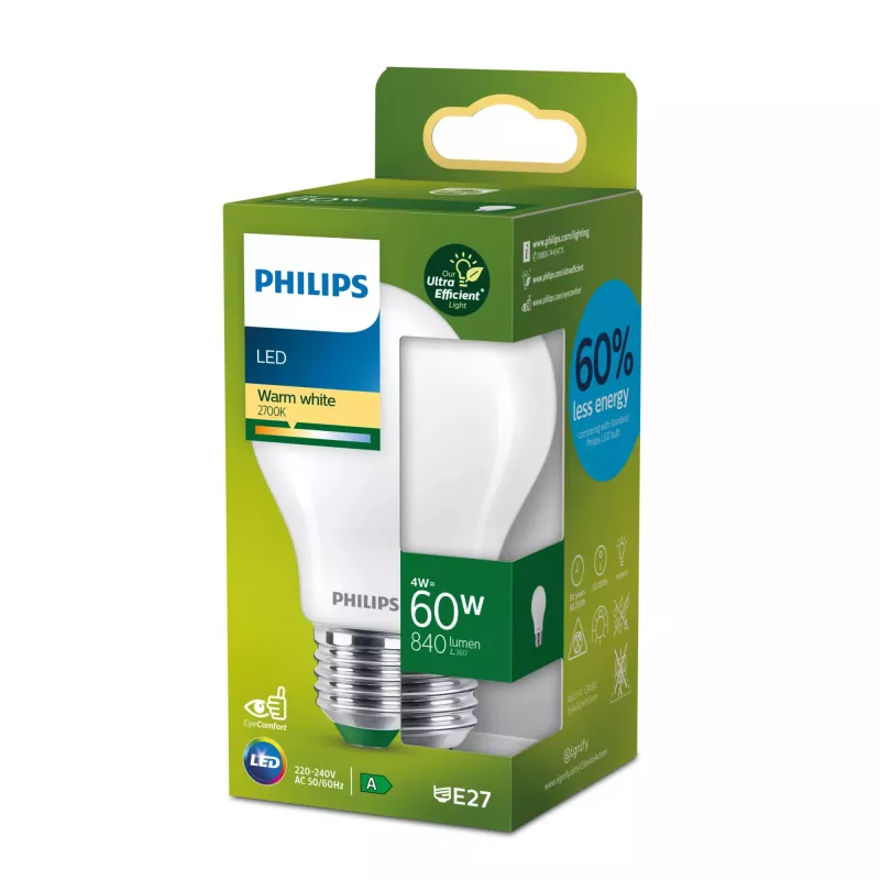 Philips Filament Bulb Frosted 60W A60 E27, 4 W, 60 W, E27, 840 lm, 50000 h, Warm white