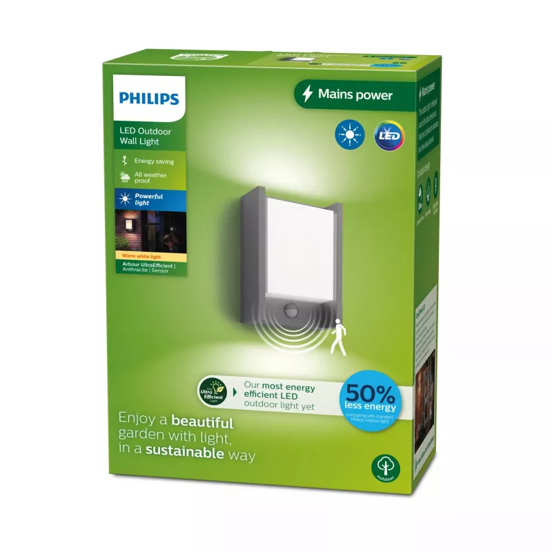 Philips Arbour Wall Light 3.8W, Outdoor wall lighting, Anthracite, Metal, IP44, Patio, Garden, II