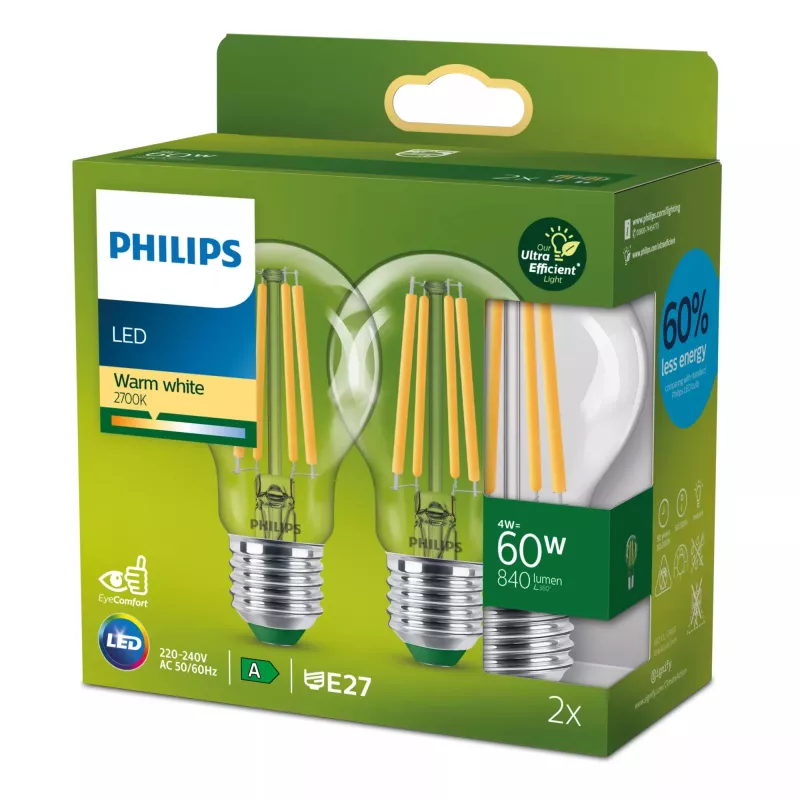 Philips Filament Bulb Clear 60W A60 E27 x2, 4 W, 60 W, E27, 840 lm, 50000 h, Warm white