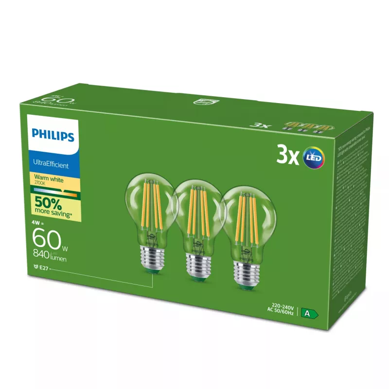 LED bulb Philips Classic 60W equivalent, E27 clear warm white, 3-pack, energy class A