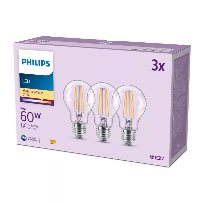 Philips Filament Bulb Clear 60 W A60 E27 x3, 7 W, 60 W, E27, 806 lm, 15000 h, Warm white