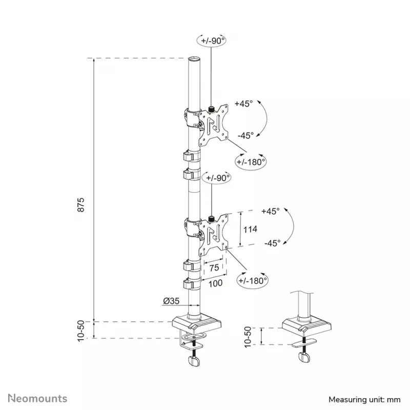 Neomounts DS60-600BL2V Dual monitor arm 10-32 inch, Clamp/Grommet, 9 kg, 25.4 cm (10 inch), 81.3 cm (32 inch), 100 x 100 mm, Black