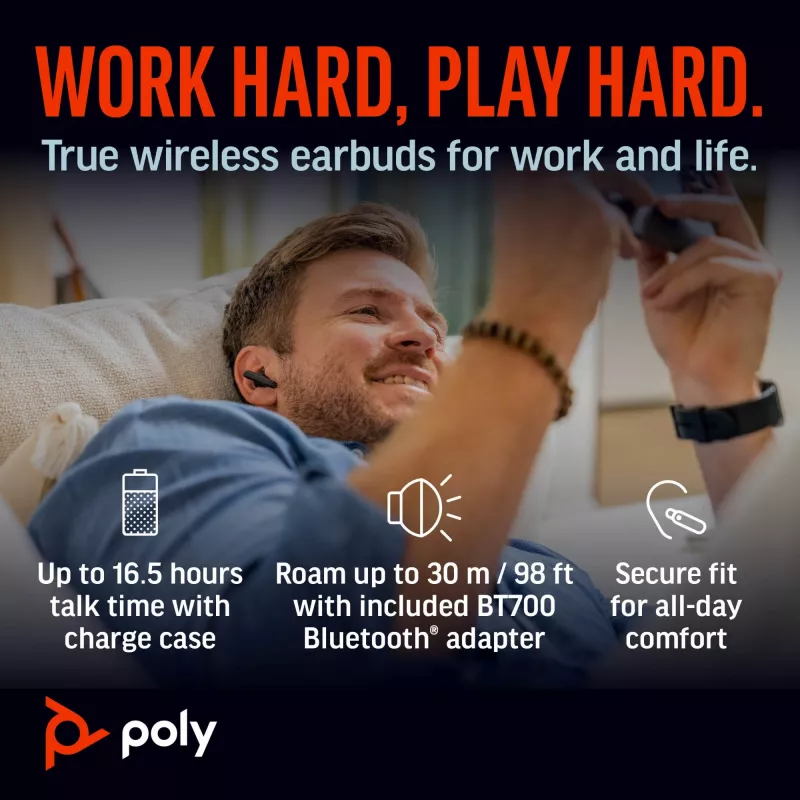 HP Poly Voyager Free 60+ UC Carbon Black Earbuds +BT700 USB-C Adapter +Touchscreen Charge Case