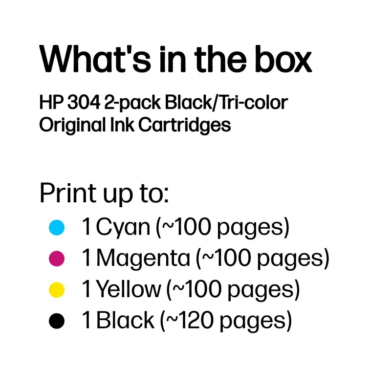 HP 304 2-pack Black/Tri-color Original Ink Cartridges, Black, Cyan, Magenta, Yellow, Pigment-based ink, 2 pc(s), 120 pages, 100 pages