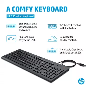HP 150 Wired Keyboard Full-size USB Black 1m Cable