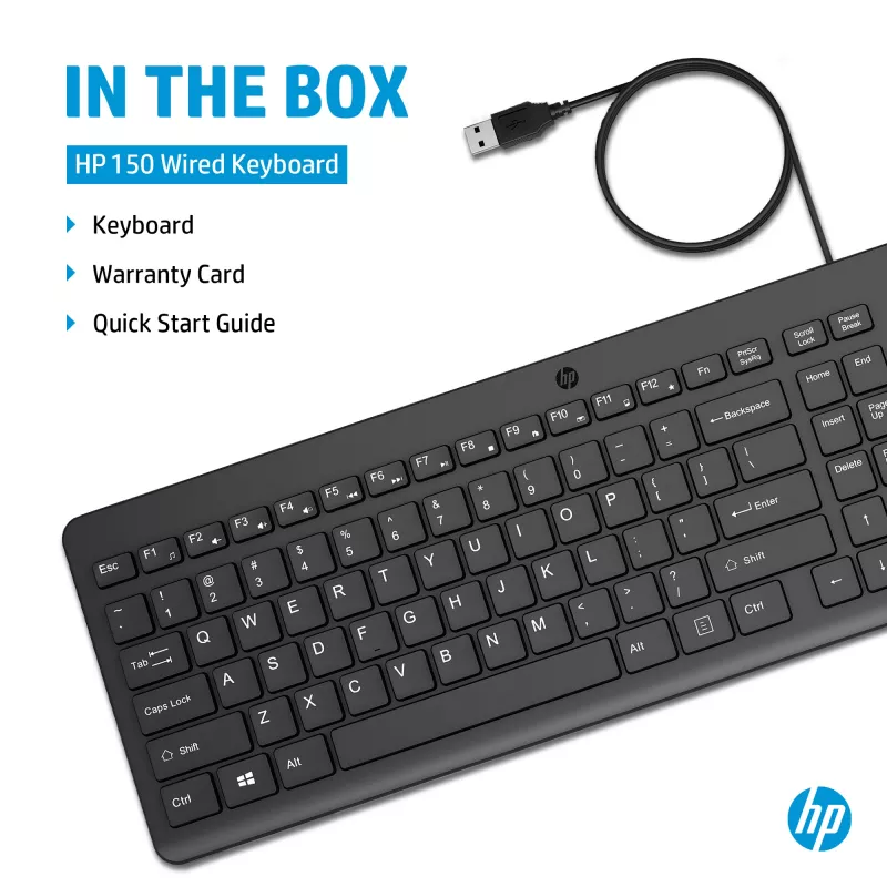 HP 150 Wired Keyboard Full-size USB Black 1m Cable