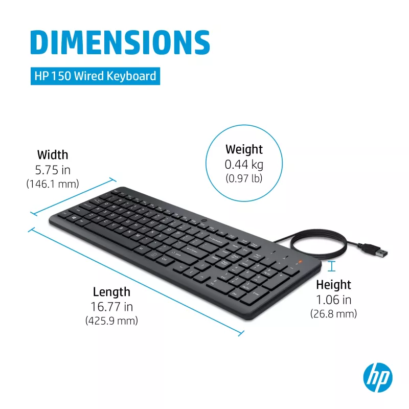 HP 150 Wired Keyboard Full-size USB Black 1m Cable