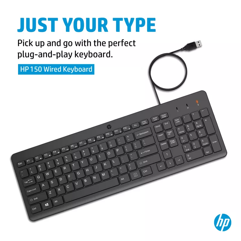 HP 150 Wired Keyboard Full-size USB Black 1m Cable