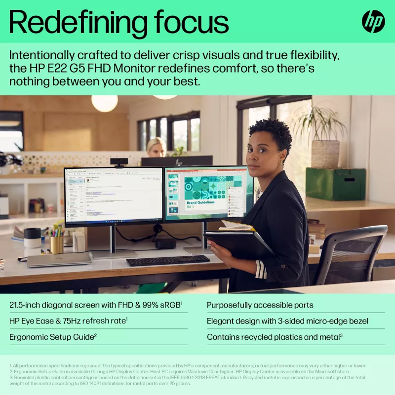 HP E-Series E22 G5 FHD Monitor, 54.6 cm (21.5 inch), Full HD, LCD, 5 ms