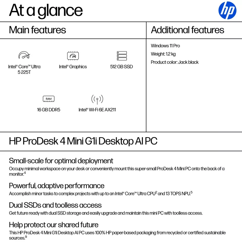 Computer HP ProDesk 4 G1i AI Mini Core Ultra 5 225T RAM 16GB SSD 512GB Intel Graphics OS Win 11 Pro