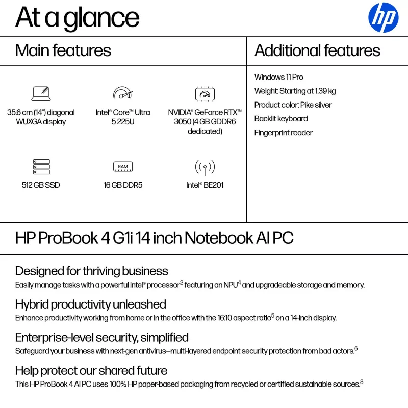 Laptop HP ProBook 4 G1i AI PC 14 inch Intel Core Ultra 5 16GB 512GB Intel Graphics Windows 11 Pro